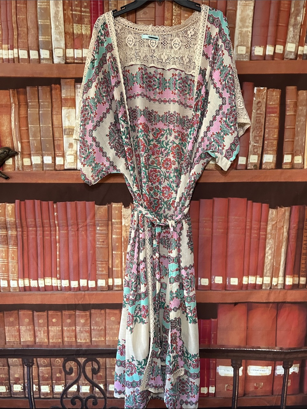 Maurices Boho Floral Paisley Crochet Lace Long Kimono Duster